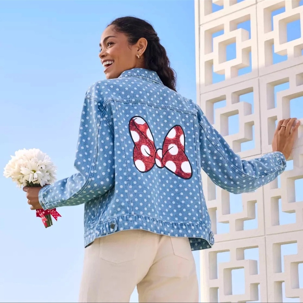 Disney Light Blue Polka Dot Denim Jacket with Minnie’s Red Bow Patch
